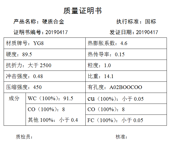 YG8鎢鋼材質證明